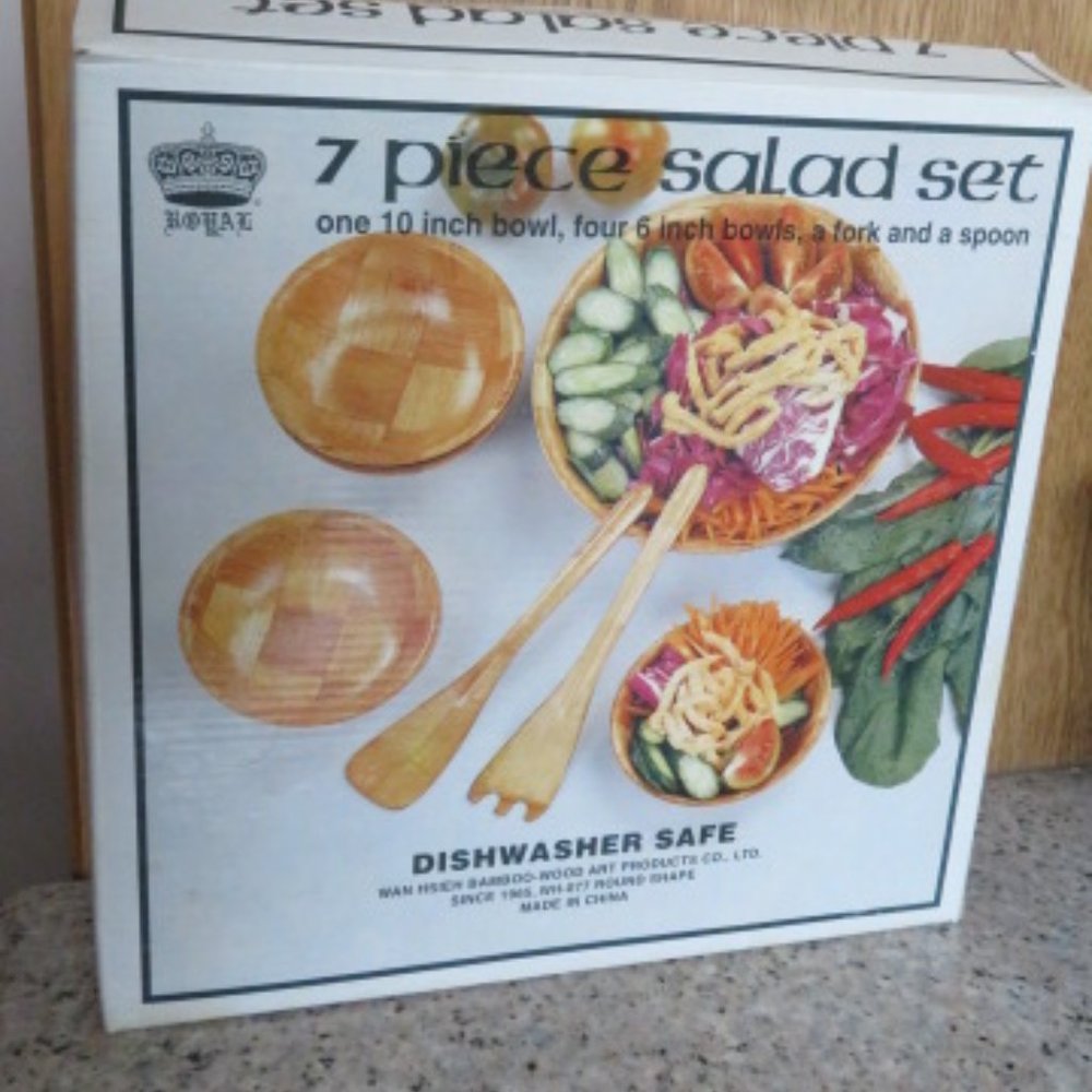 *Vintage* Royal Bamboo Wood 7 Piece Salad Set (K178)
